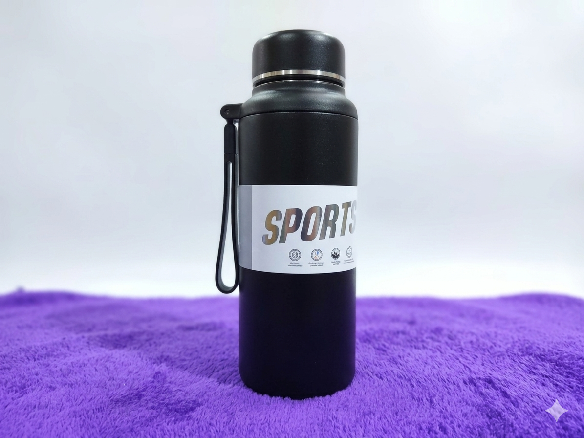 Sport stainless steel vaccum flask - portable insulated thermos bottle with strap- Black