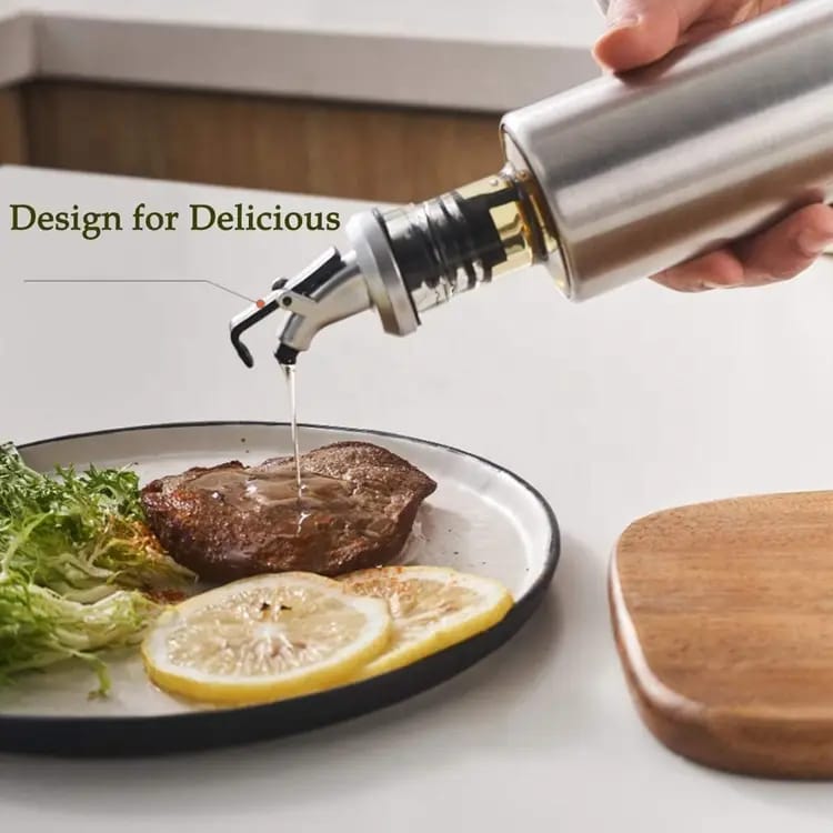 2-Piece Oil and Vinegar Kitchen Automatic Dispenser Set - 500ml Glass Bottles with Stainless Steel Pour Spouts for Cooking, Salads and Dressing