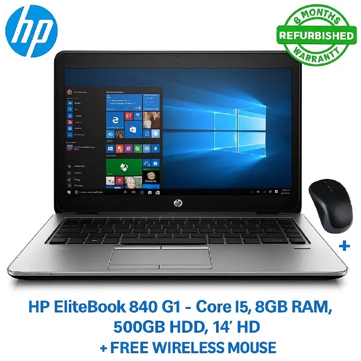 HP EliteBook 840 G1 Refurbished – Core i5, 8GB RAM, 500GB HDD, 14” HD, Windows 10 Pro, Slim Business Laptop + FREE Wireless Mouse