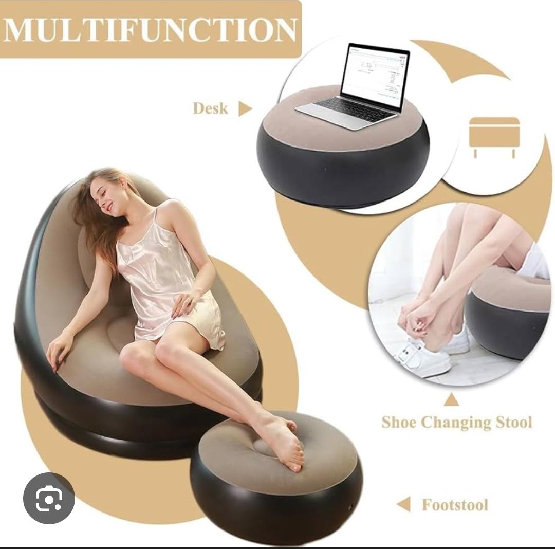 2-in-1 Inflatable Portable Air Sofa with Footrest Stool and Manual Pump - Premium Blow-Up Lounge Chair for Home, Travel, Camping and Outdoor Relaxation