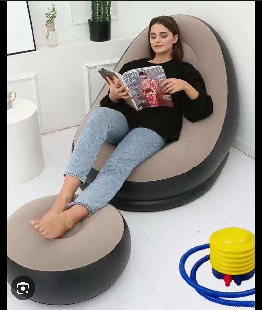 2-in-1 Inflatable Portable Air Sofa with Footrest Stool and Manual Pump - Premium Blow-Up Lounge Chair for Home, Travel, Camping and Outdoor Relaxation