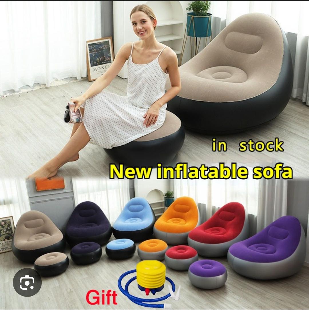 2-in-1 Inflatable Portable Air Sofa with Footrest Stool and Manual Pump - Premium Blow-Up Lounge Chair for Home, Travel, Camping and Outdoor Relaxation