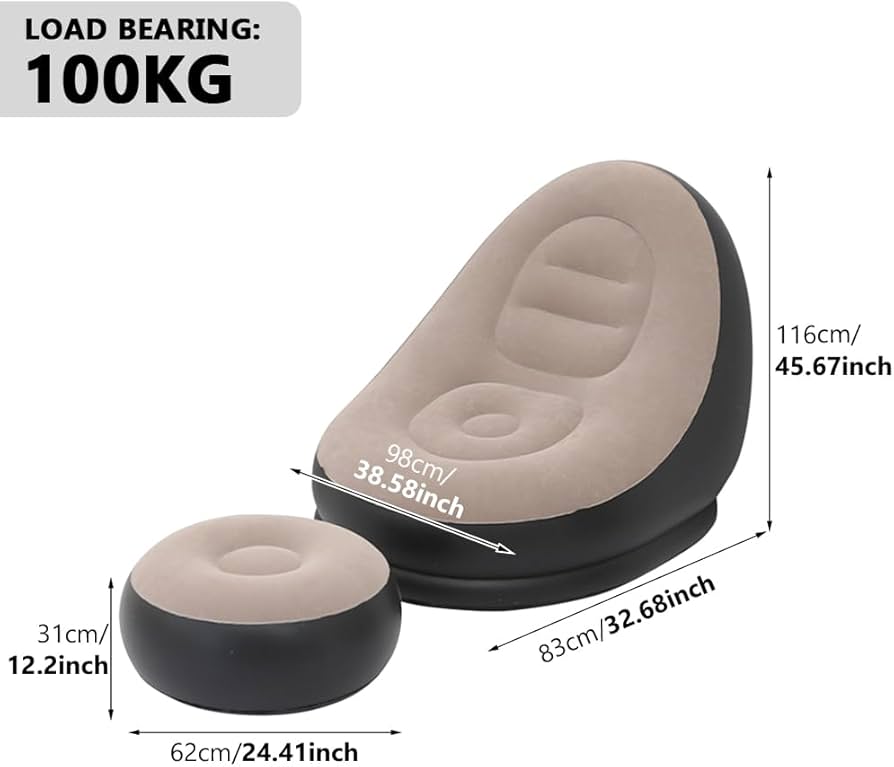 2-in-1 Inflatable Portable Air Sofa with Footrest Stool and Manual Pump - Premium Blow-Up Lounge Chair for Home, Travel, Camping and Outdoor Relaxation