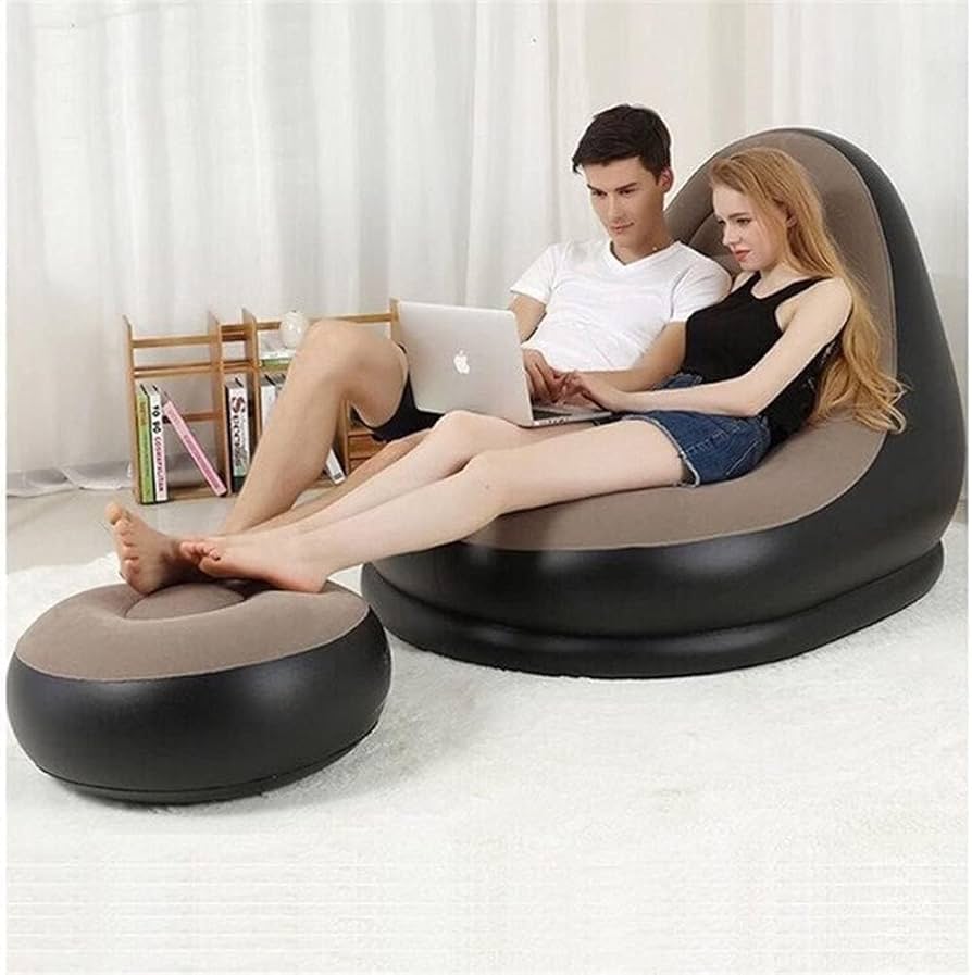 2-in-1 Inflatable Portable Air Sofa with Footrest Stool and Manual Pump - Premium Blow-Up Lounge Chair for Home, Travel, Camping and Outdoor Relaxation