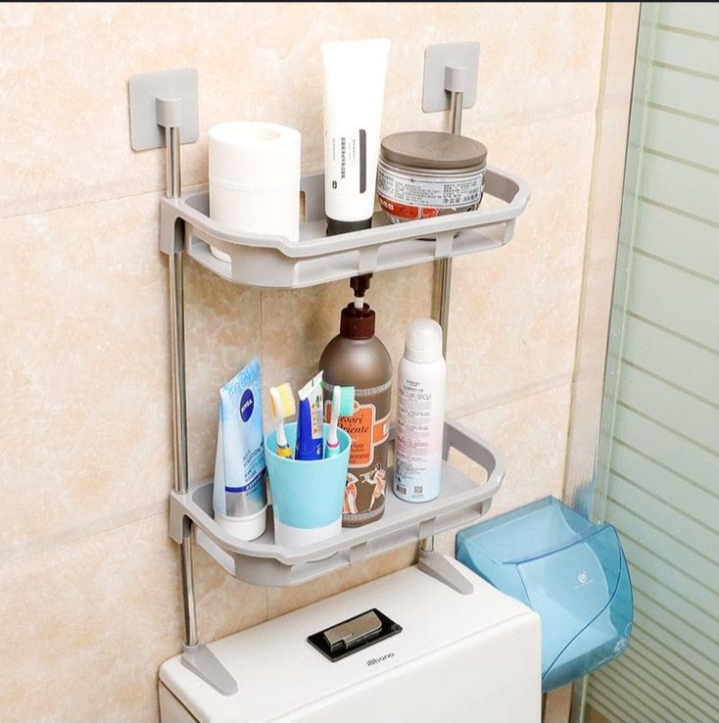 Over the Toilet 2 Layer Self-Adhesive Multi-Functional Storage Rack Organizer - Space Saving Bathroom and Kitchen Shelf for Toiletries, Cleaning Supplies and Accessories