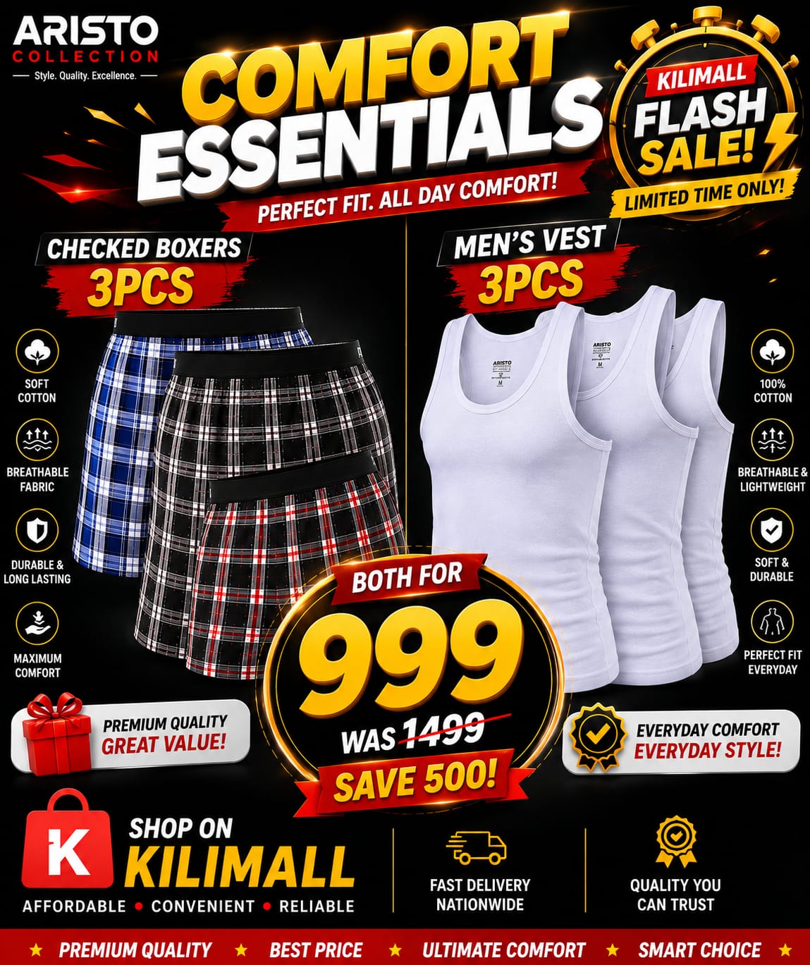 🔥 FLASH SALE! 🔥 Upgrade your everyday comfort! 🩳👕 ✅ Checked Boxers 3PCS + Men's white  Vest 3PCS 💥 Both for only KSh 999 ⏳ Limited stock – Order now on Kilimall!