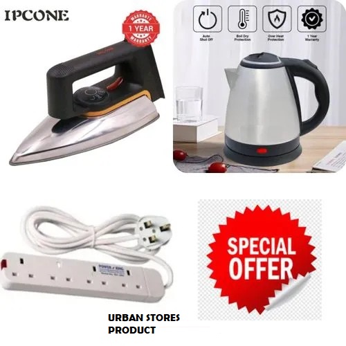 IPCONE 2.0L Electric Kettle + 4-Way Power Extension + Dry Iron Box – Fast Boil & Complete Home Combo
