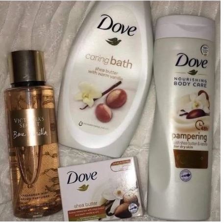 Dove skin care set/Dove 4-in-1 Pampering Shea Butter & Vanilla skincare set, which includes a body wash, body lotion, beauty bar soap, and a Victoria's Secret Bare Vanilla fragrance mist.