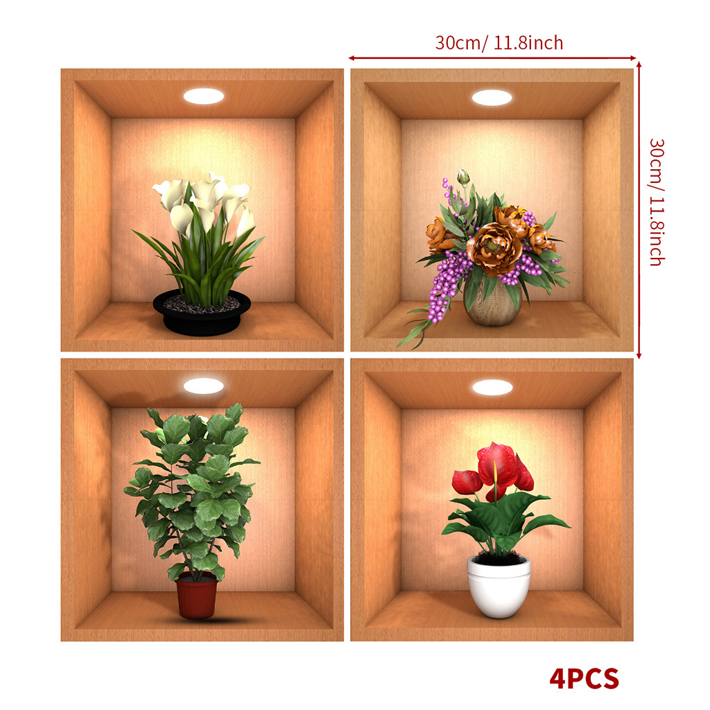 Chinoiserie Self-Adhesive Home Wall Art Decor_3D Stereo Wall Stickers Simulated Green Plant Potted Decoration Stickers Layout Wall Stickers Self-Adhesive Stickers