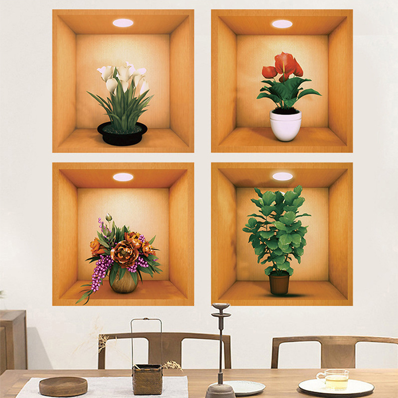 Chinoiserie Self-Adhesive Home Wall Art Decor_3D Stereo Wall Stickers Simulated Green Plant Potted Decoration Stickers Layout Wall Stickers Self-Adhesive Stickers