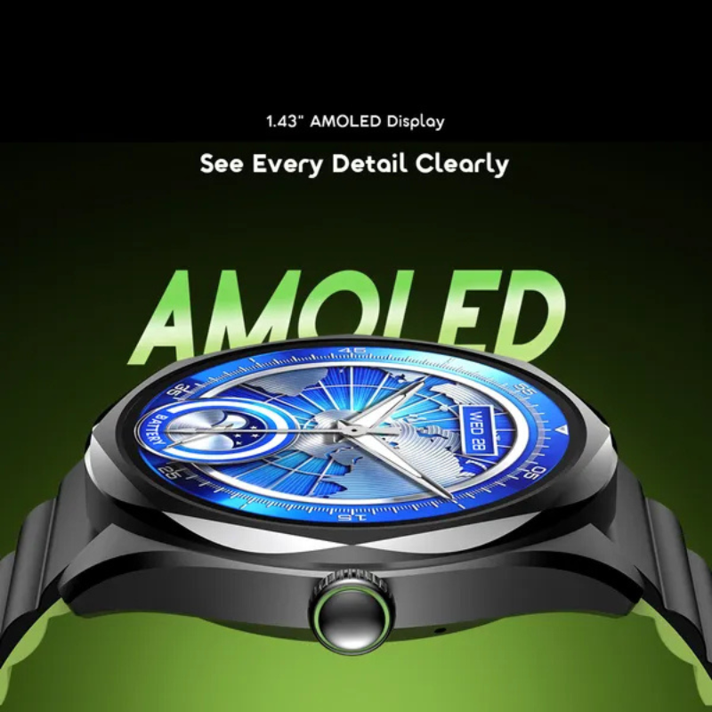 (New Arrival) Oraimo Watch Nova 2R Smartwatch 1.43 Inch AMOLED HD Screen Wireless Calling 140 Plus Sports Modes Health Tracking Smart Watch for Android and iOS Smartphones Premium Zinc Alloy Build