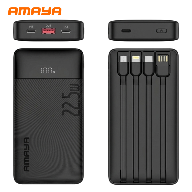 Amaya 20000 Power Bank APB-F229 22.5W Super Fast Charging 20000mAh with 4 Built-in Cables Type C Lightning Micro USB Rechargeable Portable Charger Digital LED Display Anti-Scratch Powerbank