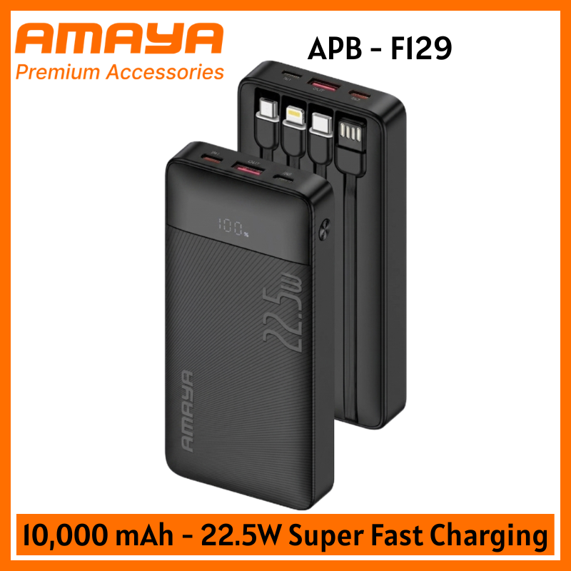 Amaya 20000 Power Bank APB-F229 22.5W Super Fast Charging 20000mAh with 4 Built-in Cables Type C Lightning Micro USB Rechargeable Portable Charger Digital LED Display Anti-Scratch Powerbank