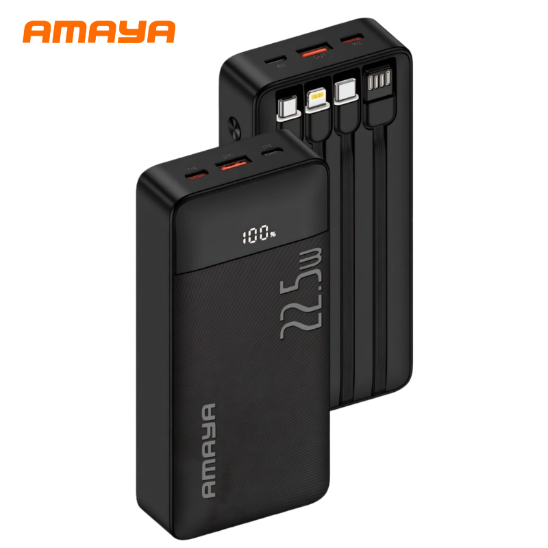 Amaya 20000 Power Bank APB-F229 22.5W Super Fast Charging 20000mAh with 4 Built-in Cables Type C Lightning Micro USB Rechargeable Portable Charger Digital LED Display Anti-Scratch Powerbank
