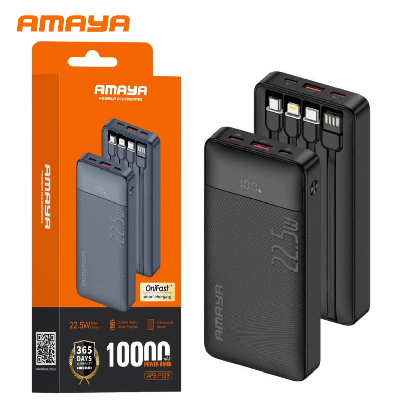 Amaya 20000 Power Bank APB-F229 22.5W Super Fast Charging 20000mAh with 4 Built-in Cables Type C Lightning Micro USB Rechargeable Portable Charger Digital LED Display Anti-Scratch Powerbank