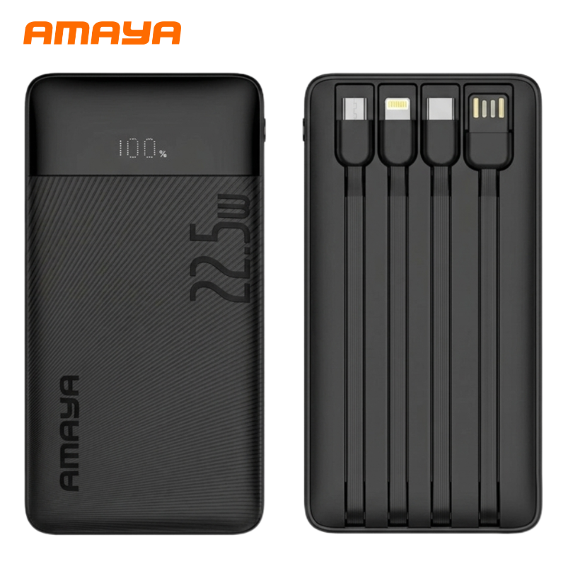 Amaya 20000 Power Bank APB-F229 22.5W Super Fast Charging 20000mAh with 4 Built-in Cables Type C Lightning Micro USB Rechargeable Portable Charger Digital LED Display Anti-Scratch Powerbank