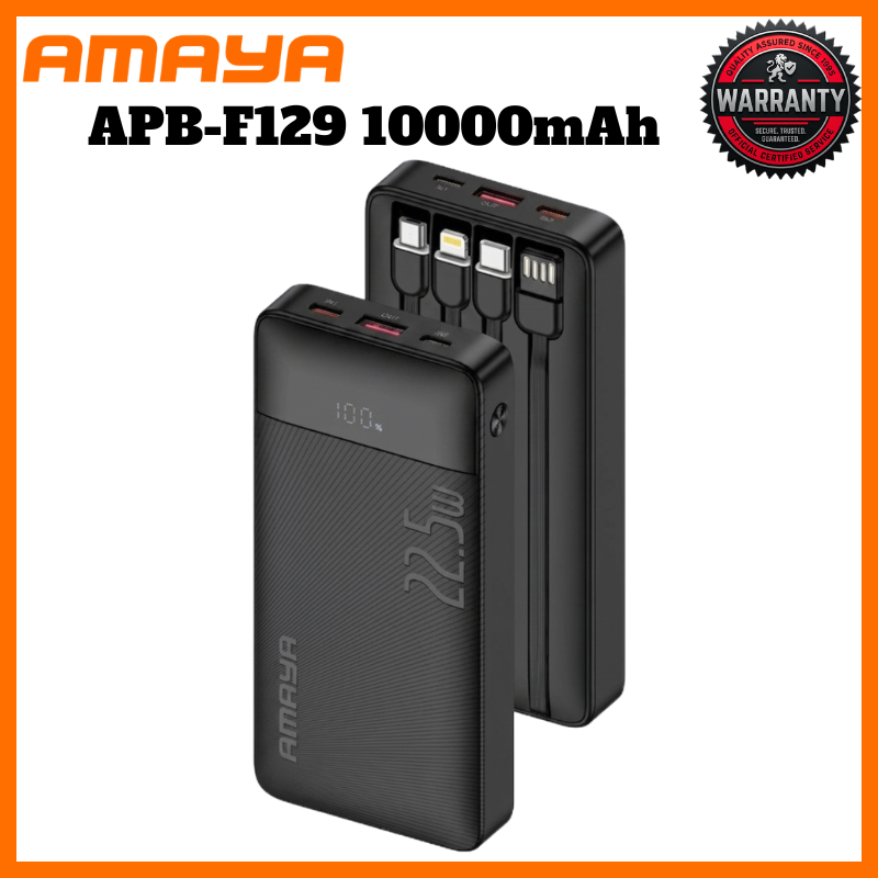 Amaya 20000 Power Bank APB-F229 22.5W Super Fast Charging 20000mAh with 4 Built-in Cables Type C Lightning Micro USB Rechargeable Portable Charger Digital LED Display Anti-Scratch Powerbank