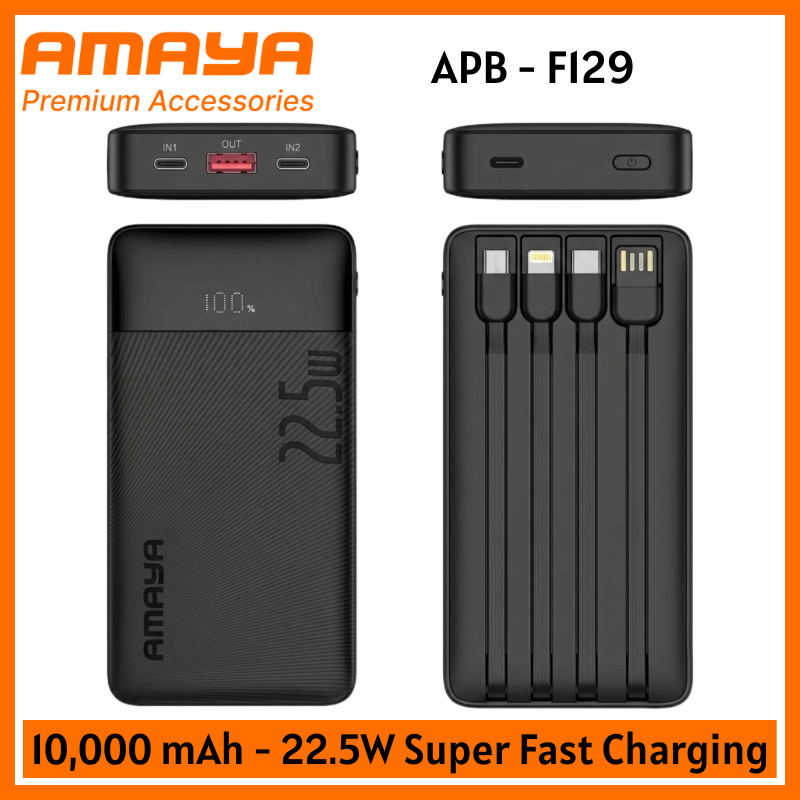 Amaya 20000 Power Bank APB-F229 22.5W Super Fast Charging 20000mAh with 4 Built-in Cables Type C Lightning Micro USB Rechargeable Portable Charger Digital LED Display Anti-Scratch Powerbank