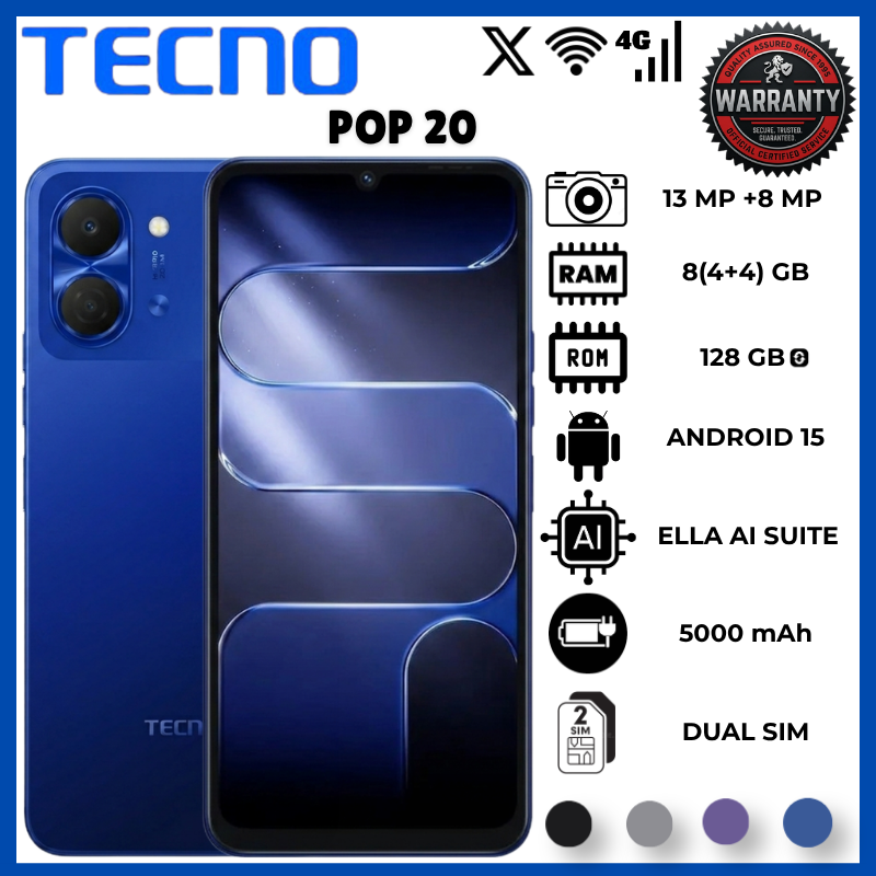 Tecno Pop 20 4GB RAM 128GB ROM Smartphone With 6.75 Inch HD+ 120Hz Display UNISOC T7250 Processor 5000mAh Battery 15W Fast Charging 13MP Rear Camera Android 15 Side Fingerprint 4G Dual Sim Phone