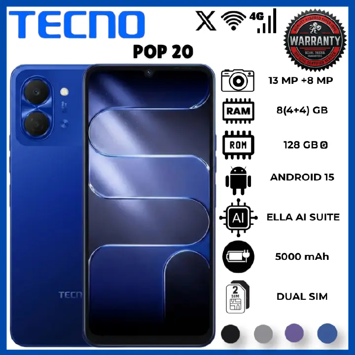 Tecno Pop 20 4GB RAM 128GB ROM Smartphone With 6.75 Inch HD+ 120Hz Display UNISOC T7250 Processor 5000mAh Battery 15W Fast Charging 13MP Rear Camera Android 15 Side Fingerprint 4G Dual Sim Phone