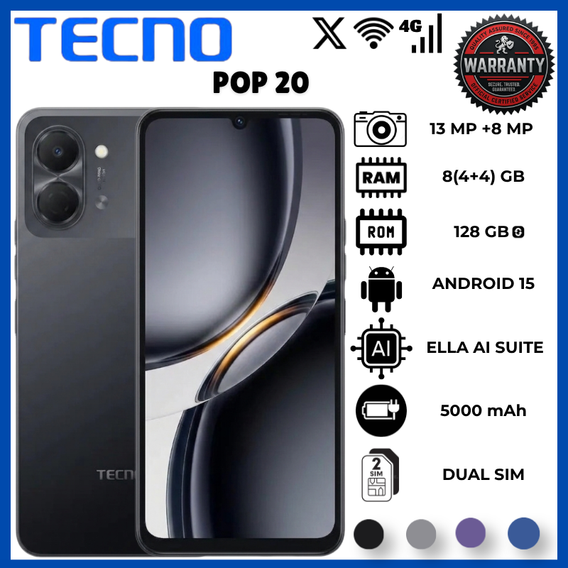 Tecno Pop 20 4GB RAM 128GB ROM Smartphone With 6.75 Inch HD+ 120Hz Display UNISOC T7250 Processor 5000mAh Battery 15W Fast Charging 13MP Rear Camera Android 15 Side Fingerprint 4G Dual Sim Phone