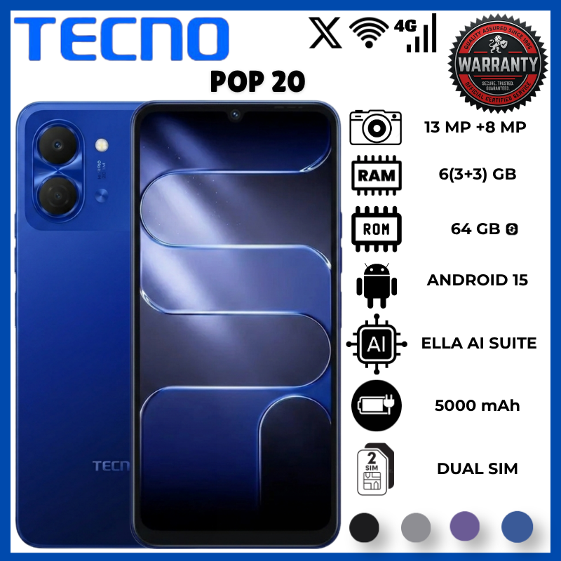 Tecno Pop 20 6(3+3)GB RAM 64GB ROM Smartphone With 6.75 Inch HD+ 120Hz Display UNISOC T7250 Processor 5000mAh Battery 15W Fast Charging 13MP Rear Camera Android 15 Side Fingerprint 4G Dual Sim Phone