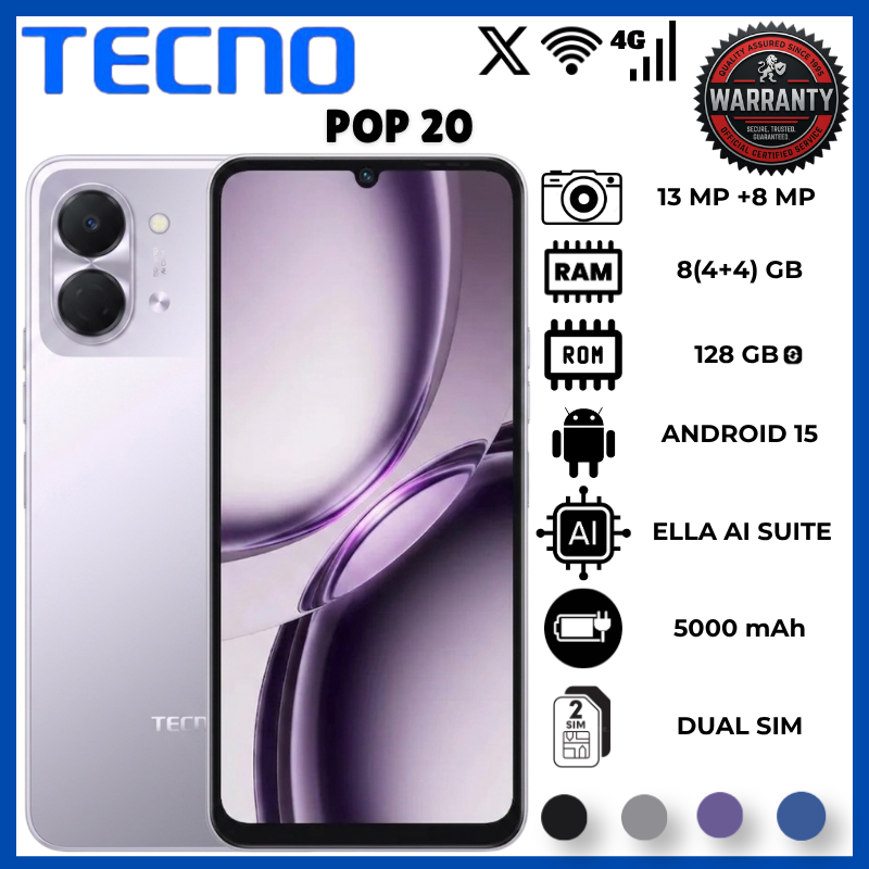 Tecno Pop 20 4GB RAM 128GB ROM Smartphone With 6.75 Inch HD+ 120Hz Display UNISOC T7250 Processor 5000mAh Battery 15W Fast Charging 13MP Rear Camera Android 15 Side Fingerprint 4G Dual Sim Phone
