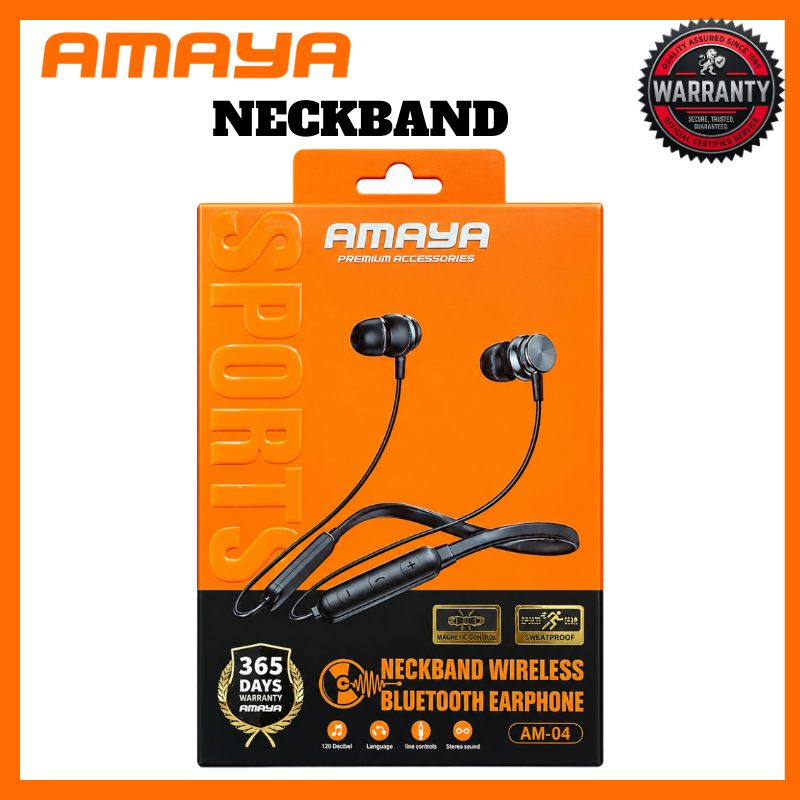 AMAYA AM-04 Neckband Wireless Bluetooth Earphones, Magnetic In-Ear Headphones with Volume Control, Hands-Free Calling, Stereo Sound, Sweatproof Design, Built-In Mic for Music, Workouts and Daily Use