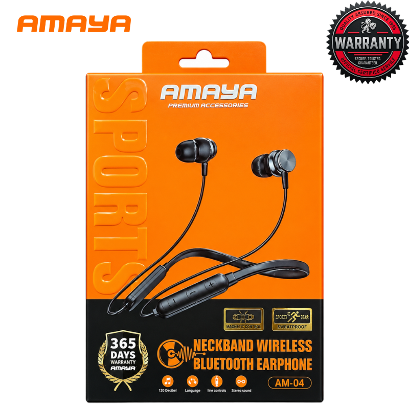 AMAYA AM-04 Neckband Wireless Bluetooth Earphones, Magnetic In-Ear Headphones with Volume Control, Hands-Free Calling, Stereo Sound, Sweatproof Design, Built-In Mic for Music, Workouts and Daily Use