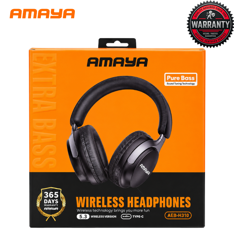 AMAYA AEB-H310 Wireless Over-Ear Headphones Bluetooth 5.3 Pure Bass Sound USB-C Charging Built-In Microphone 3.5mm AUX Wired Connection Cushioned Ear Pads for Music Calls Head Phones