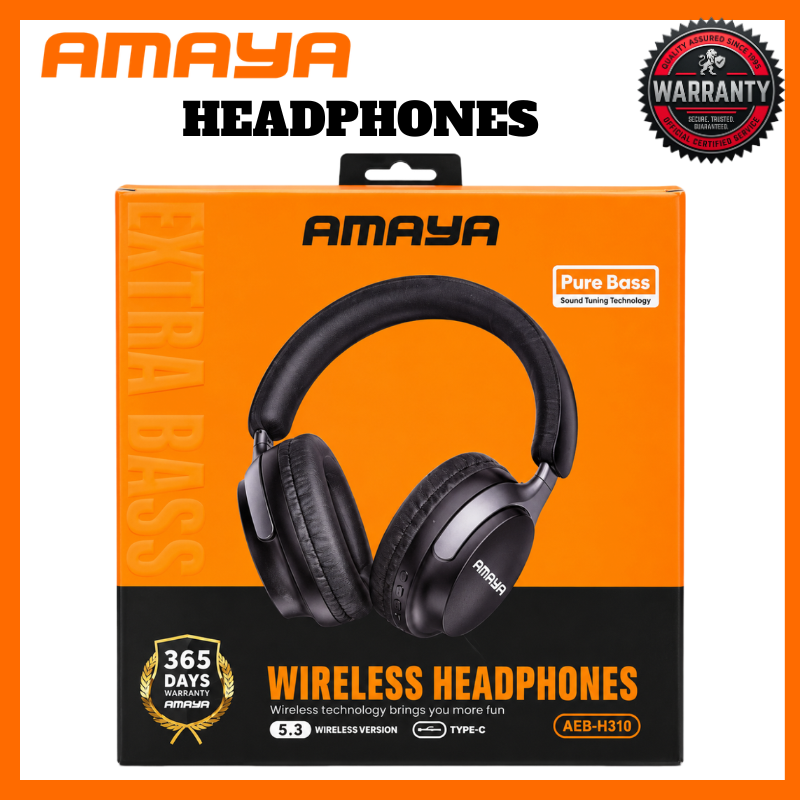 AMAYA AEB-H310 Wireless Over-Ear Headphones Bluetooth 5.3 Pure Bass Sound USB-C Charging Built-In Microphone 3.5mm AUX Wired Connection Cushioned Ear Pads for Music Calls Head Phones
