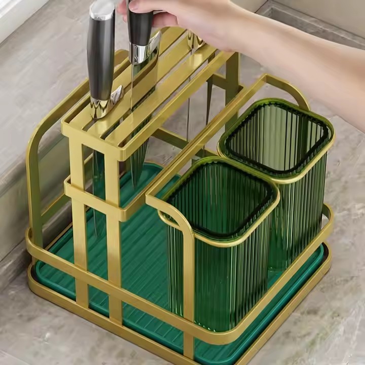 Multifunction Kitchen Knife Holder & Cutlery Organizer – Drainable Knife Storage Rack with Spoon, Fork & Utensil Holder, Space-Saving Countertop Organizer- Green