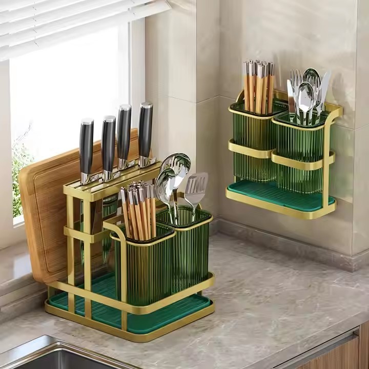 Multifunction Kitchen Knife Holder & Cutlery Organizer – Drainable Knife Storage Rack with Spoon, Fork & Utensil Holder, Space-Saving Countertop Organizer- Green