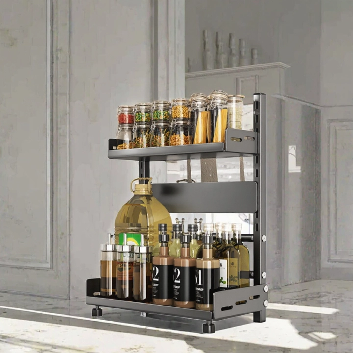 2 Tier Adjustable Metal Spice Rack Organizer – Expandable Kitchen Seasoning Storage Shelf for Cabinet or Countertop, Space-Saving Spice & Jar Rack