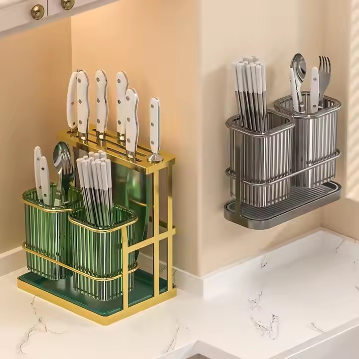 Multifunction Kitchen Knife Holder & Cutlery Organizer – Drainable Knife Storage Rack with Spoon, Fork & Utensil Holder, Space-Saving Countertop Organizer- Green