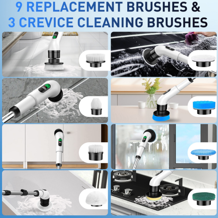 Powerful Rechargeable 9 in1 Electric Spin Scrubber Brush – Powered Cleaning Tool