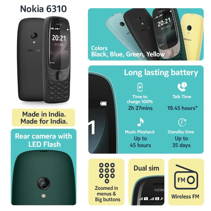 New !
Nokia 6310 2021 Smartphone 2.8" Screen Dual SIM Phone 4g Call Rear Camera 0.5MP Shock Resistant and Durable Super Strong Signal Long Battery Backup Phone NO Camera Memory Card Supported Featured