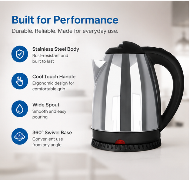 AILYONS1.8L Electric Kettle Water Heater & Boiler Jug Rapid Heating Stainless Steel Kettle 2 litres stainless steel ailyons kettle Durable stainless steel body.