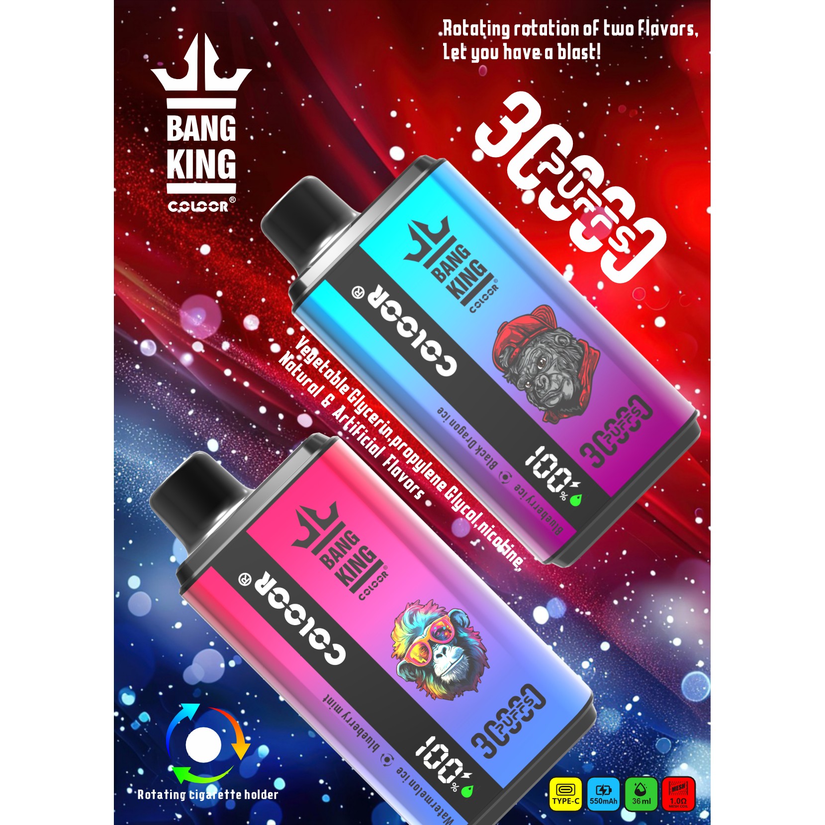 Bang King 30K 30000 Puffs Dual Flavour Disposable Vape - Rechargeable, Airflow Control, 36ml, 5% Nicotine