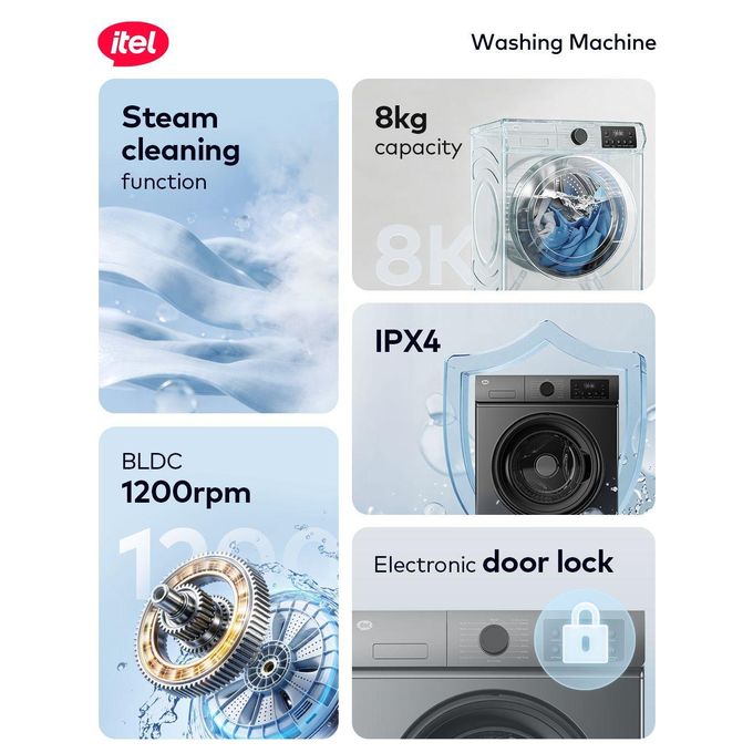 itel 8KG Front Load Washing Machine – Steam Wash, BLDC 1200RPM, Energy Class A