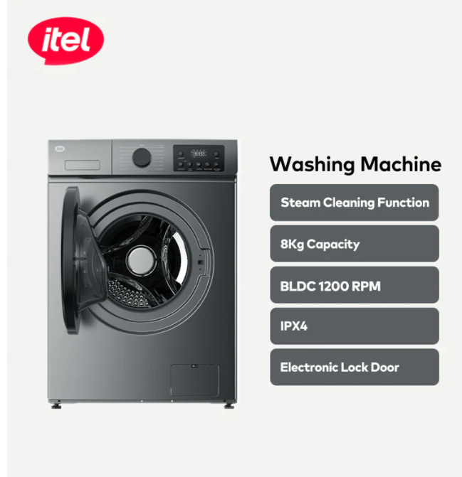 itel 8KG Front Load Washing Machine – Steam Wash, BLDC 1200RPM, Energy Class A