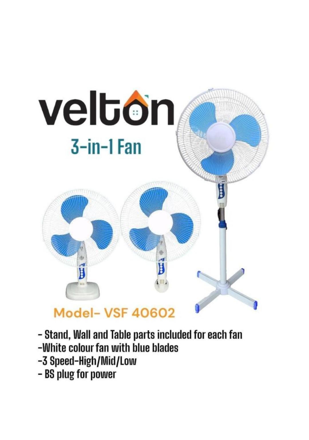 Velton 3 in 1 Standing Fan Adjustable Multi-Function Pedestal Fan with Table and Wall Mount Options Powerful Air Circulation Fan for Home Office and Bedroom Cooling Solution