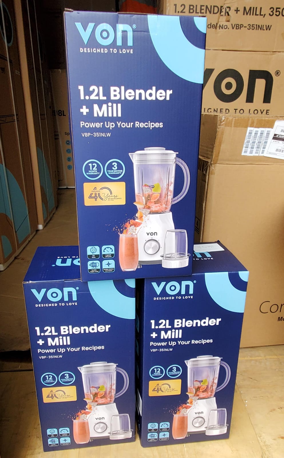Von VBP-351NLW 2-in-1 Blender and Grinder 1.2L Capacity 350W Motor with Milling Attachment Stainless Steel Blades 2 Speed Settings Pulse Function Multi-Purpose Kitchen Blender for Smoothies Grinding