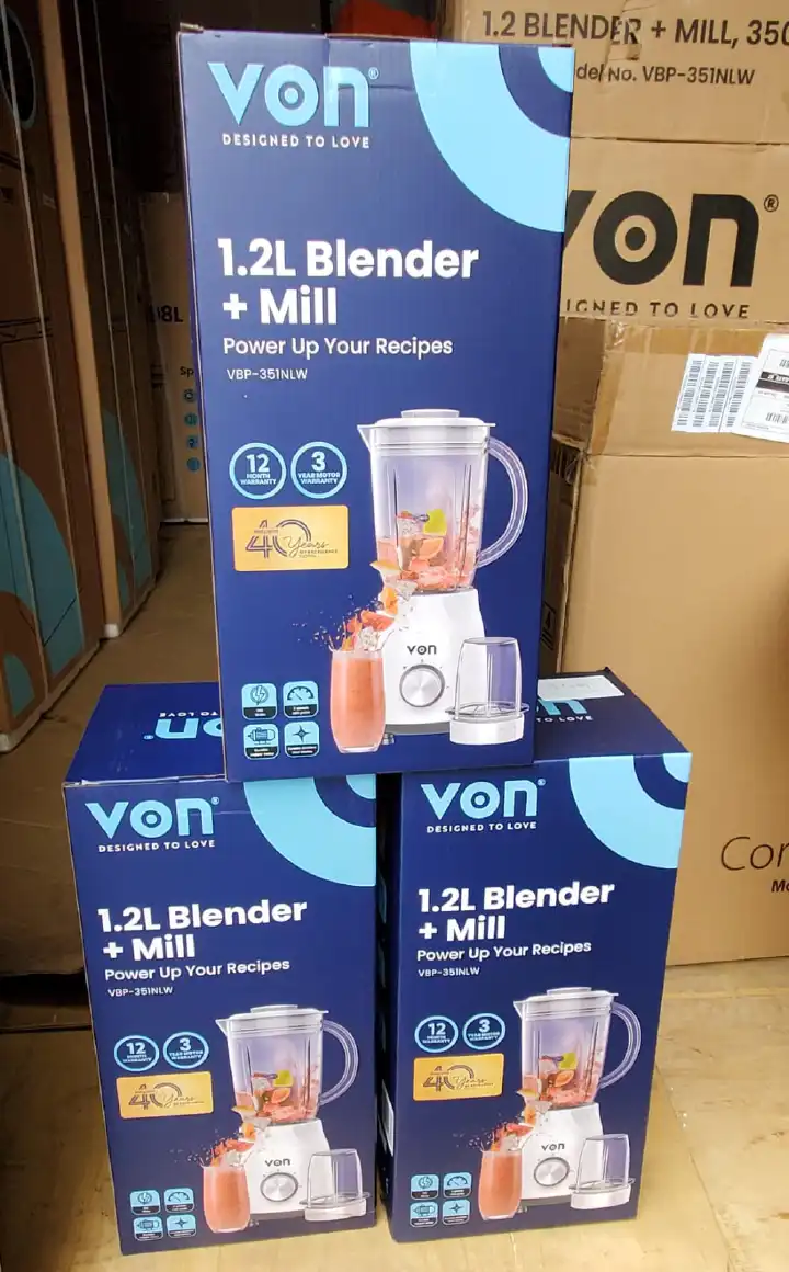 Von VBP-351NLW 2-in-1 Blender and Grinder 1.2L Capacity 350W Motor with Milling Attachment Stainless Steel Blades 2 Speed Settings Pulse Function Multi-Purpose Kitchen Blender for Smoothies Grinding