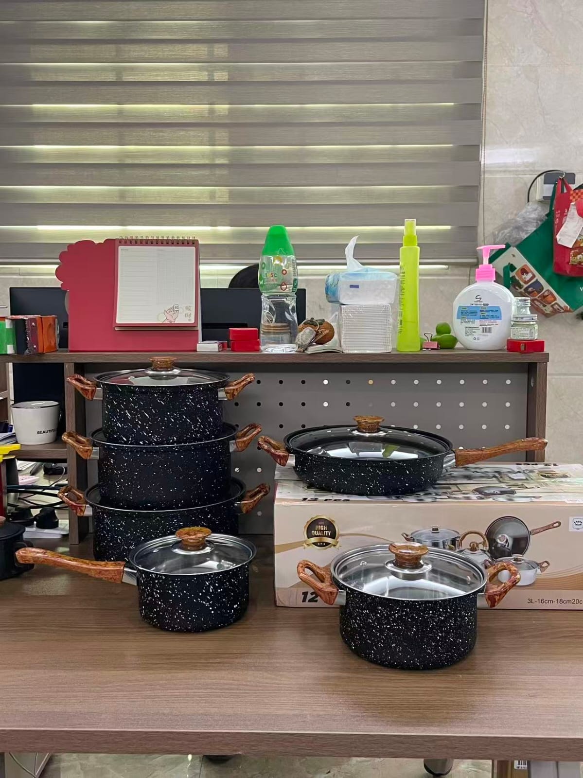 12-Piece Non-Stick Cookware Set with Wooden Handles Premium Kitchen Cooking Pots and Pans Set Durable Non-Stick Coating Heat Resistant Cookware Set for Home Kitchen Use Available in Black and White