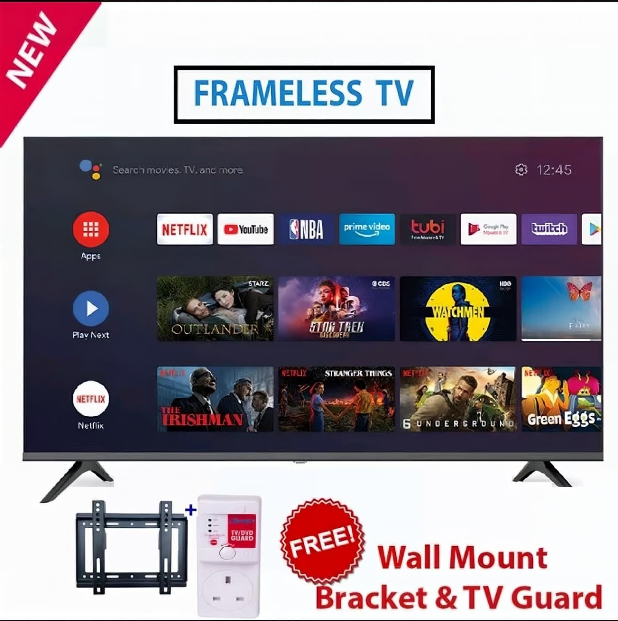 Syinix 43” Smart TV Bundle with Free Wall Mount Bracket & TV Guard Frameless Smart Television Google TV Entertainment System Full HD/Smart Apps WiFi Bluetooth Home Entertainment Package
