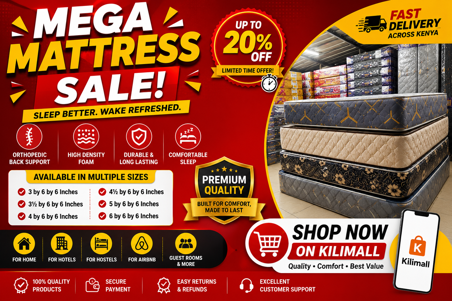 Premium Orthopedic High Density Foam Mattress Comfortable Durable Bed Mattress for Home Bedroom Hotel Guest Room Available in Multiple Sizes – Johari 8-Inch