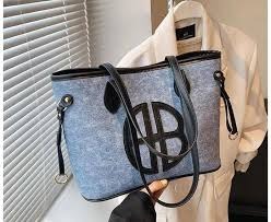 HB Luxury 2 in 1 Denim Tote Bag Set with Pouch - Premium Leather Trim Large Capacity Shoulder Handbag for Women Ladies Girls School College Office Work Travel Casual Fashion Crossbody Bags - Brown Bla