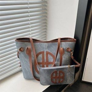 HB Luxury 2 in 1 Denim Tote Bag Set with Pouch - Premium Leather Trim Large Capacity Shoulder Handbag for Women Ladies Girls School College Office Work Travel Casual Fashion Crossbody Bags - Brown Bla