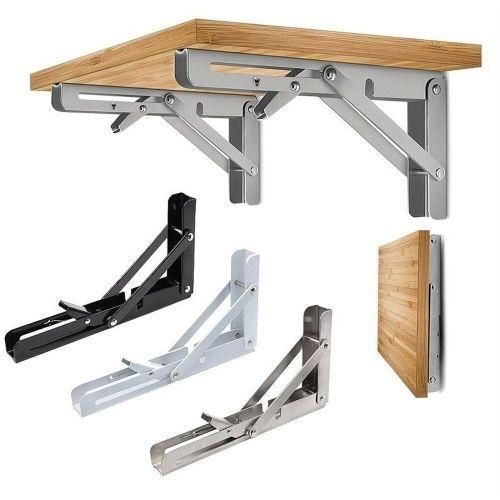 10 Inch Space Saving Foldable Shelf Bracket White - Heavy Duty Metal Collapsible Wall Mount Floating Table Brackets, Triangular Folding Shelf Support Hinge for Room, Office, Garage (2 PCS/Set)